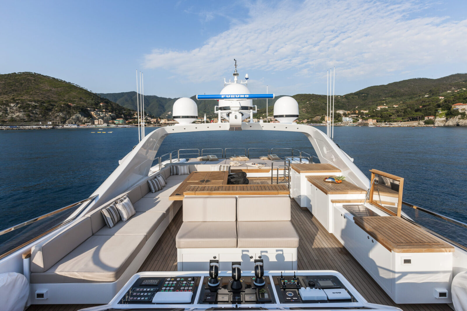 Mangusta yacht upper deck with seating area