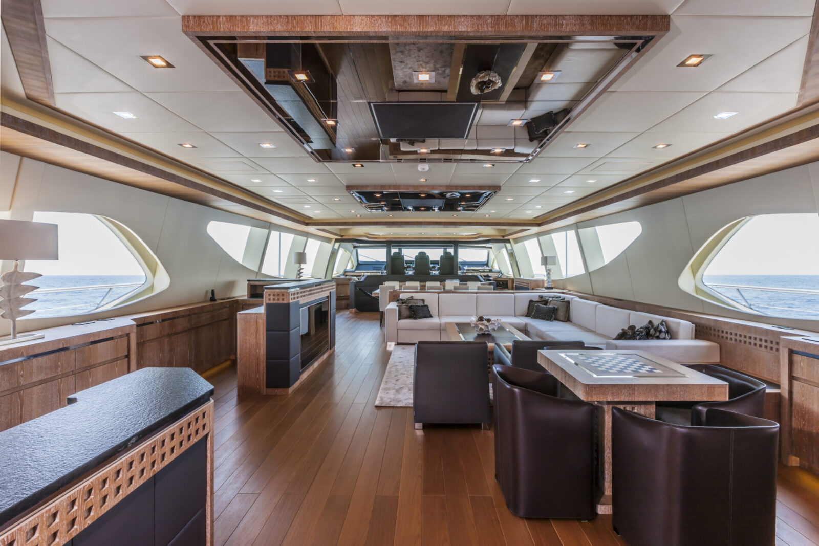 Luxurious interior of Mangusta yacht lounge