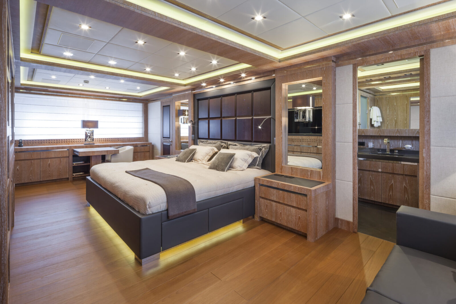 Luxurious stateroom interior on Mangusta yacht