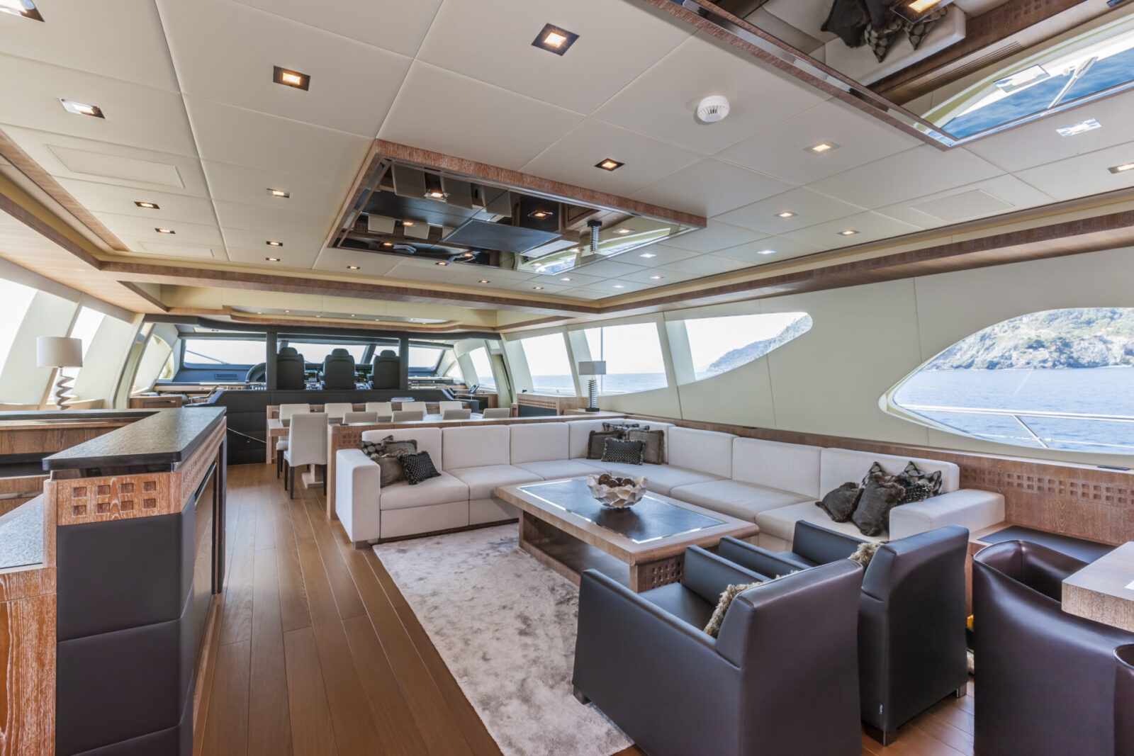 Luxurious Mangusta Yachts interior lounge area