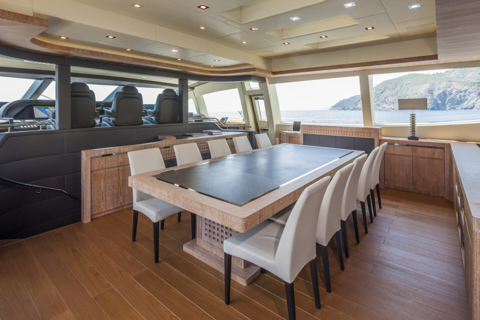 Luxurious dining area on Mangusta yacht.