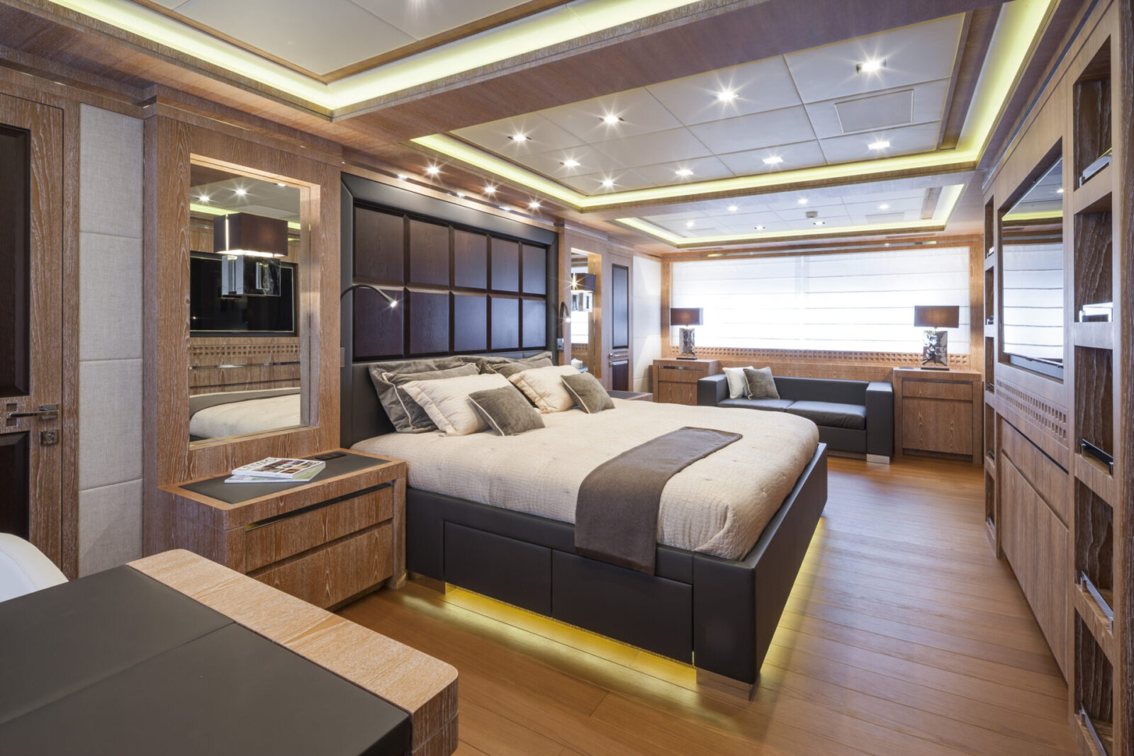 Luxurious bedroom in Mangusta Yachts' master suite