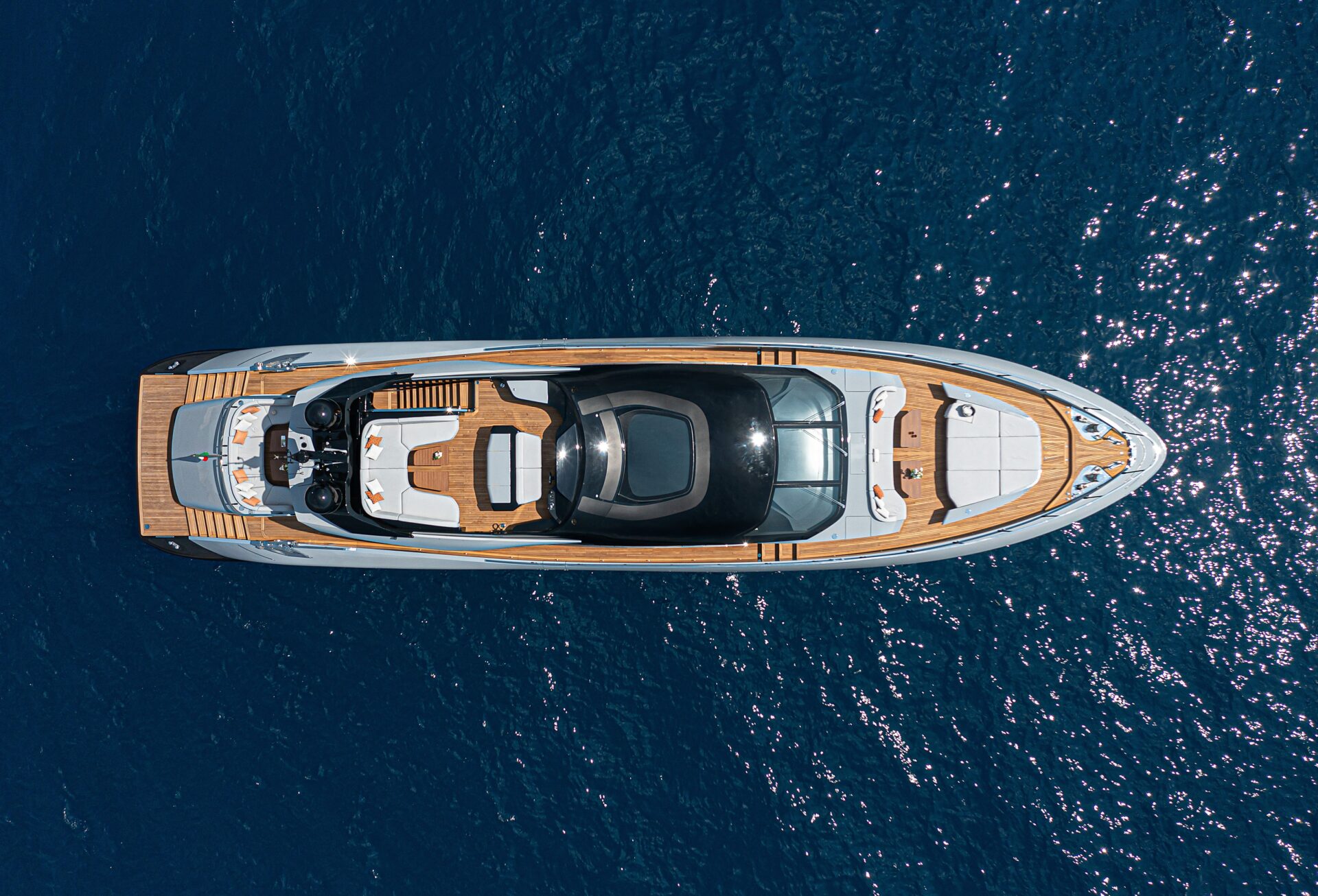 Mangusta Yacht aerial view in deep blue sea