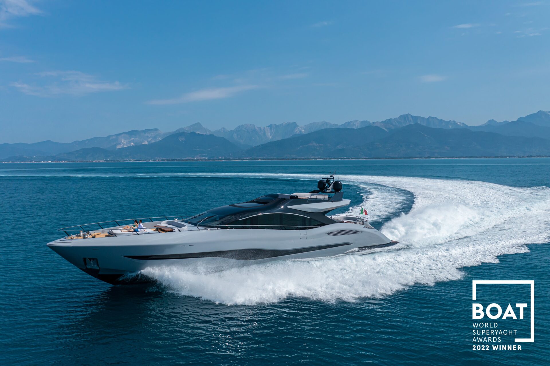 Luxury Mangusta yacht cruising in open sea