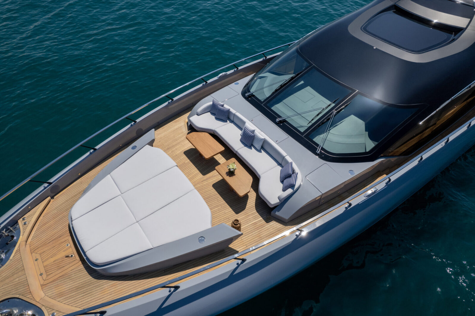 Mangusta yacht deck with luxury seating area