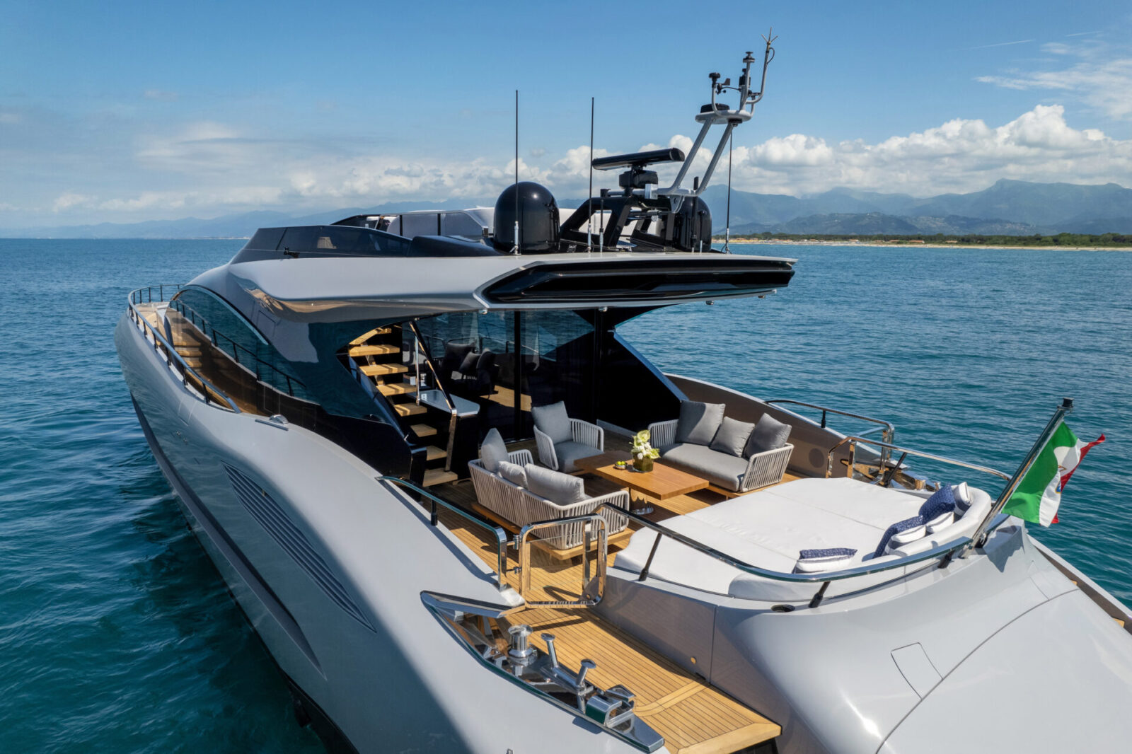 Mangusta yacht with modern deck on open sea