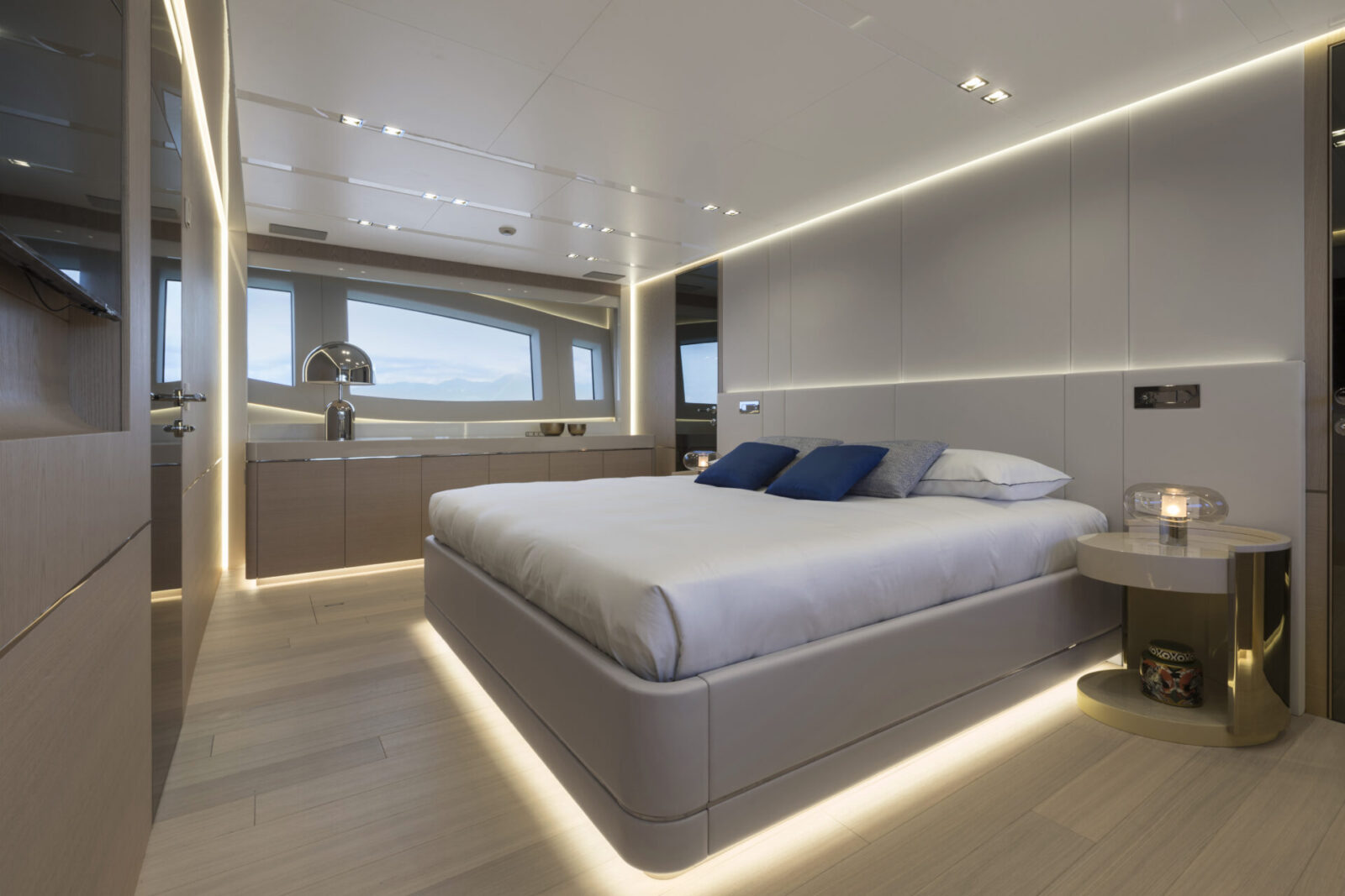 Luxurious yacht bedroom interior design.