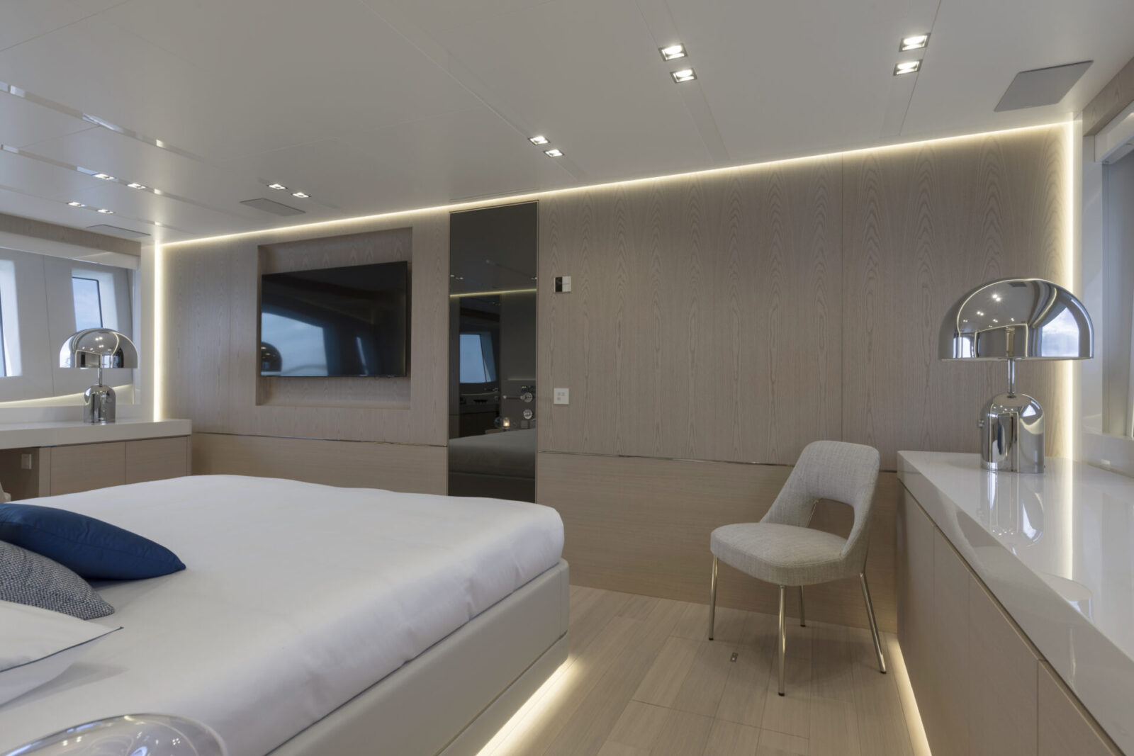 Luxury yacht cabin with modern design details.