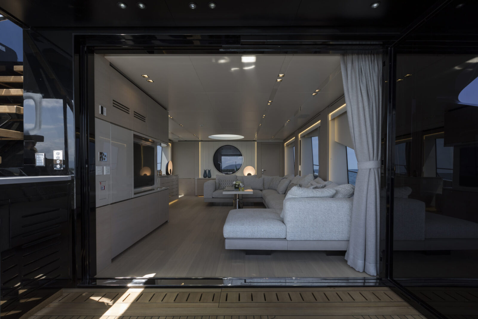 Luxurious Mangusta yacht interior lounge area