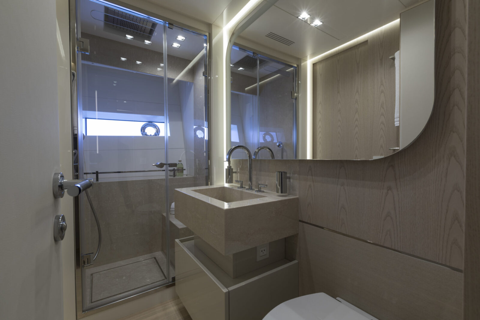 Elegant yacht bathroom with modern fixtures.