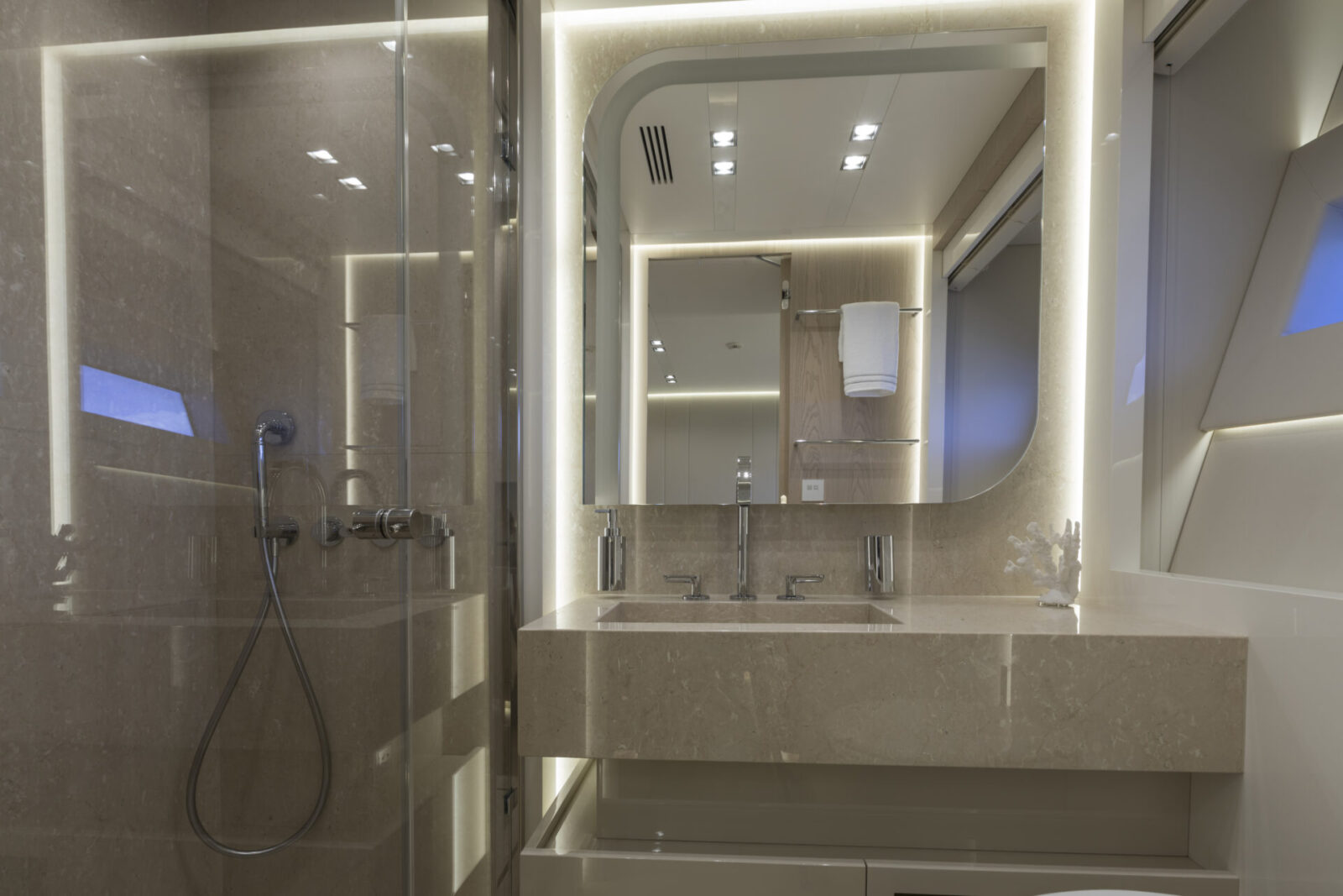 Luxury yacht bathroom with marble finishes