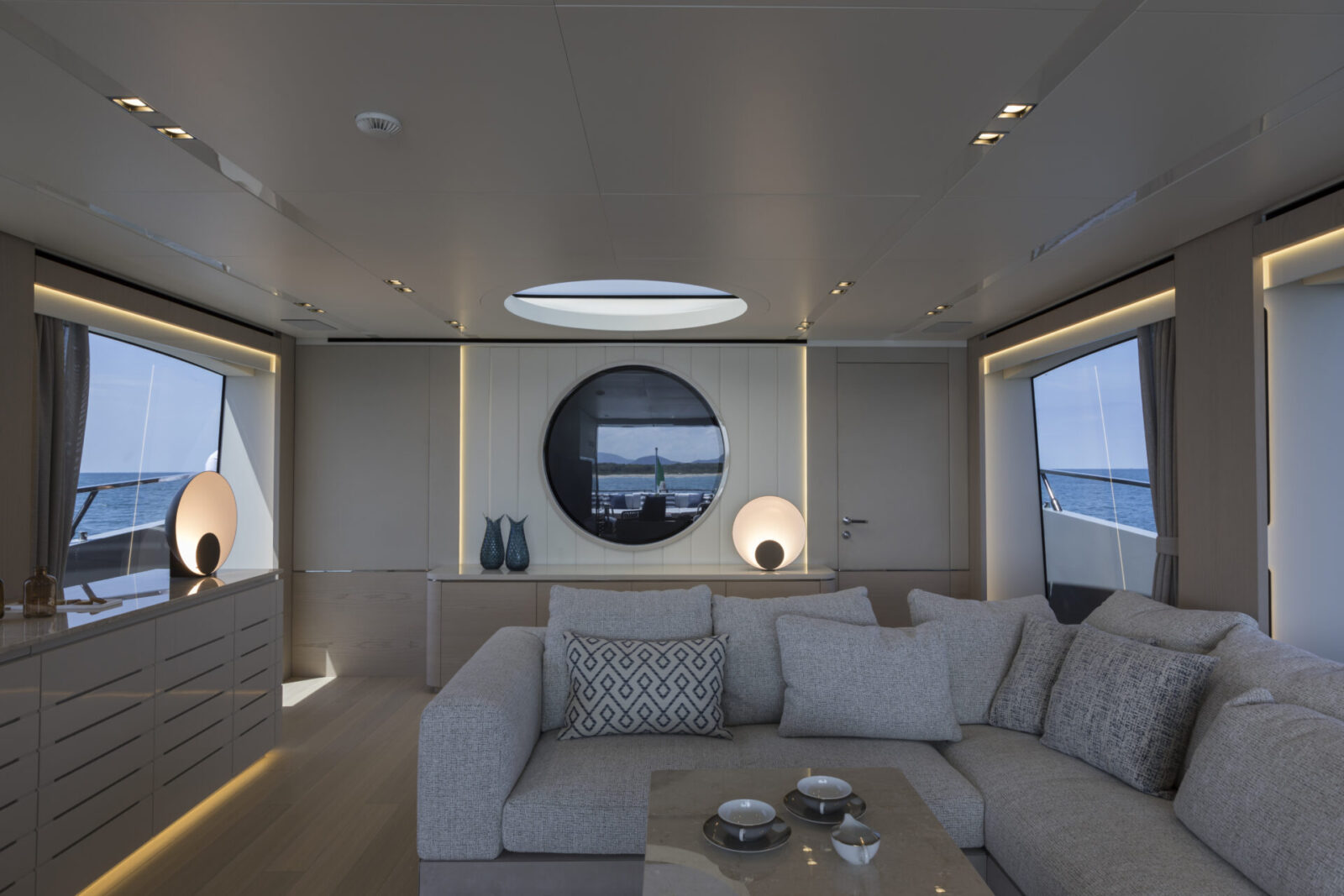 Luxurious yacht interior with modern decor.