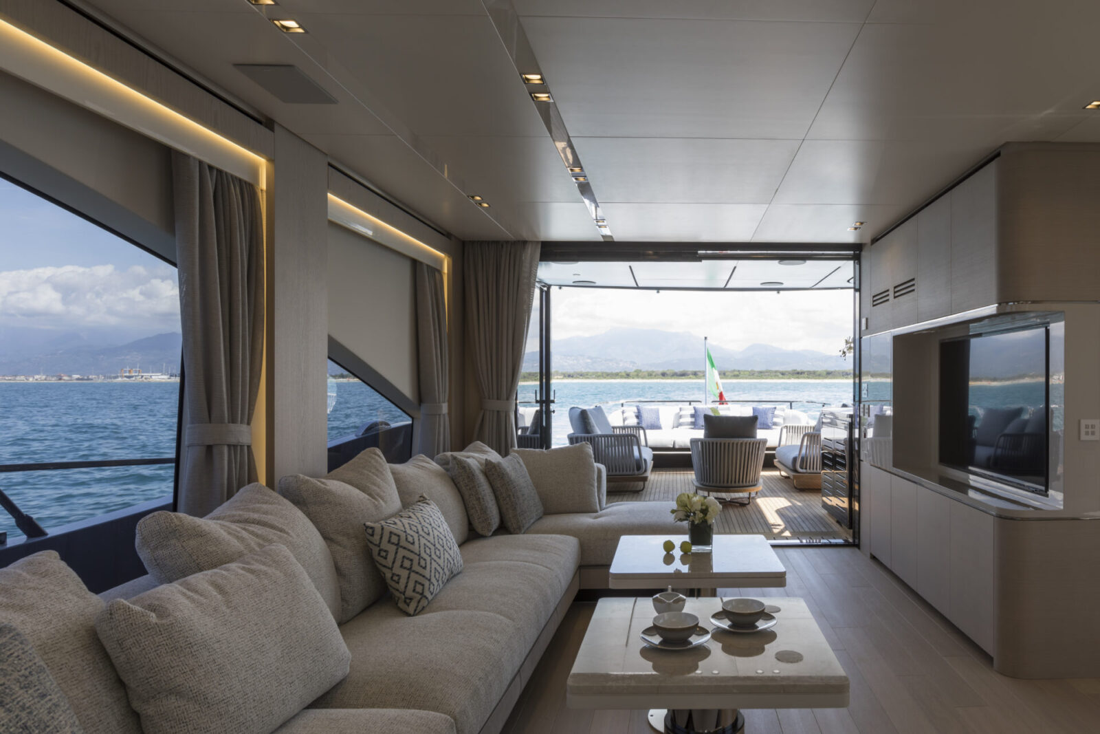 Luxurious Mangusta yacht interior lounge view