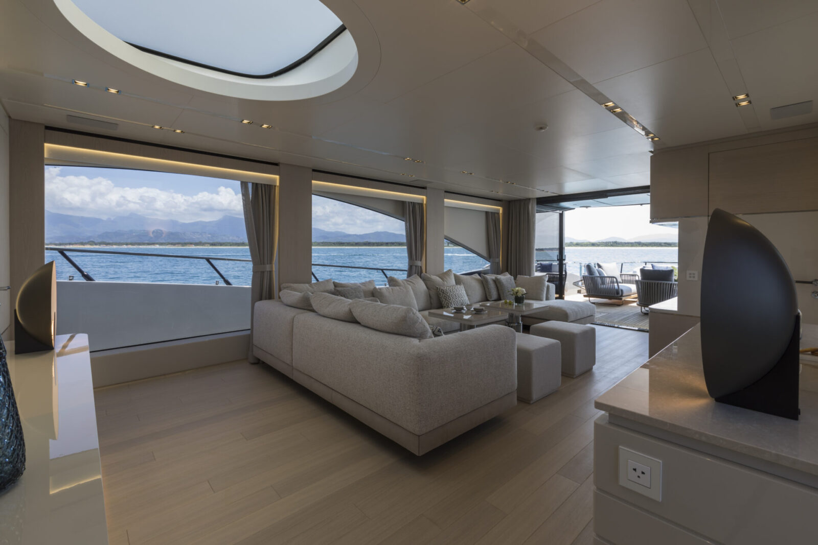 Luxurious Mangusta yacht interior, ocean view