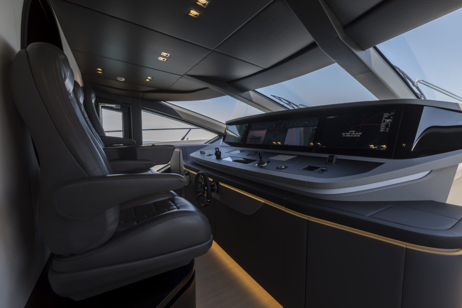 Mangusta Yachts modern helm station, luxury interior