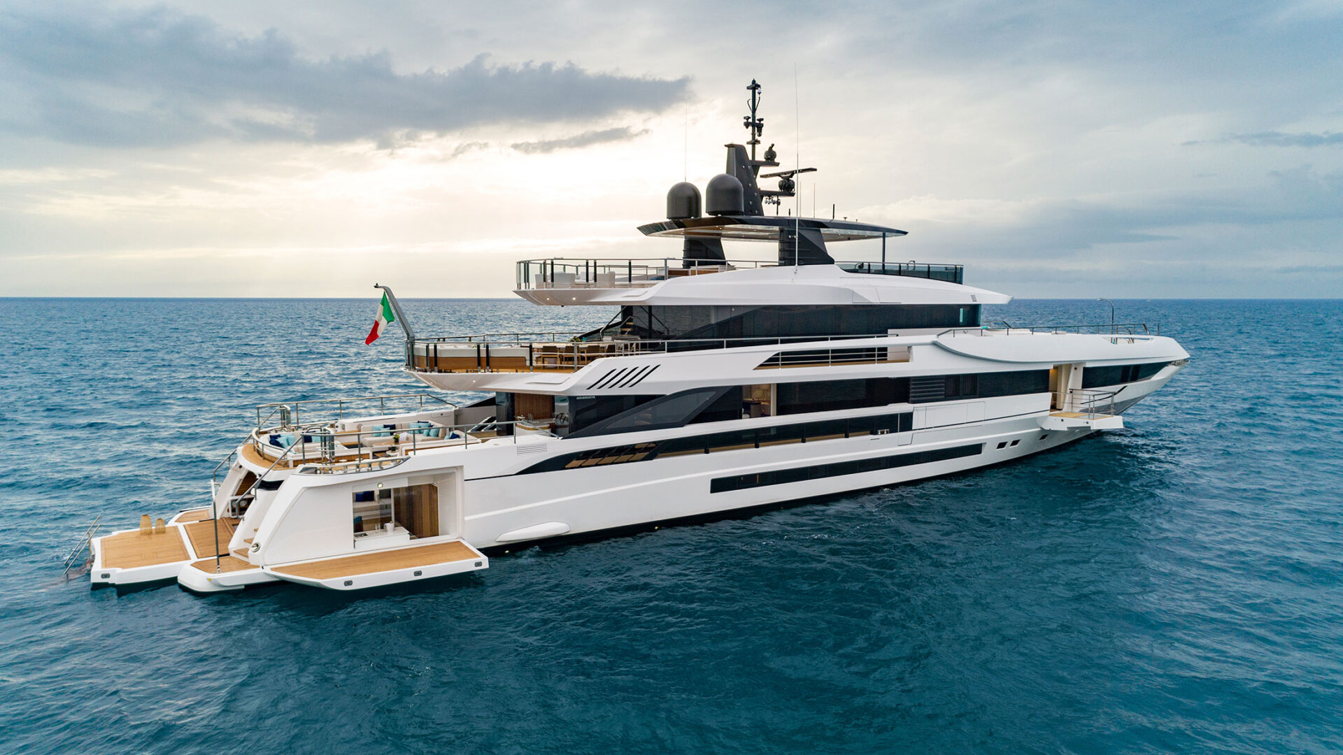 Mangusta Yachts luxury vessel on open sea.