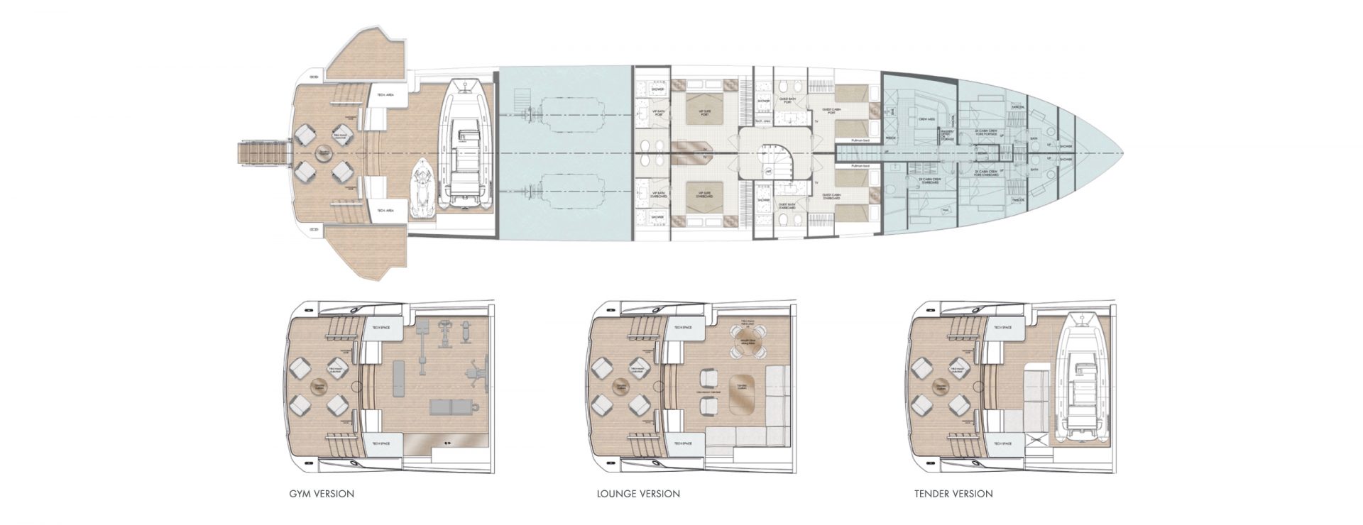 Mangusta Yachts layout with gym and lounge options