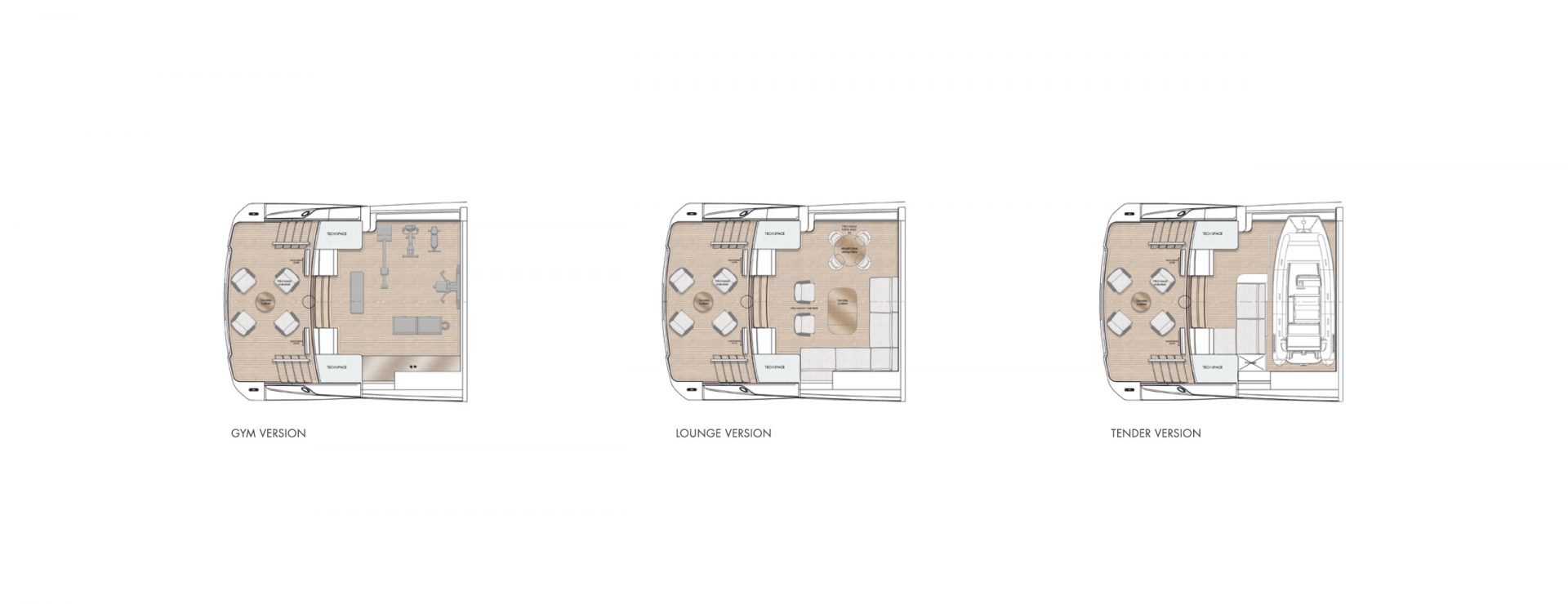 Piantine layout yacht Mangusta: palestra, lounge, tender.