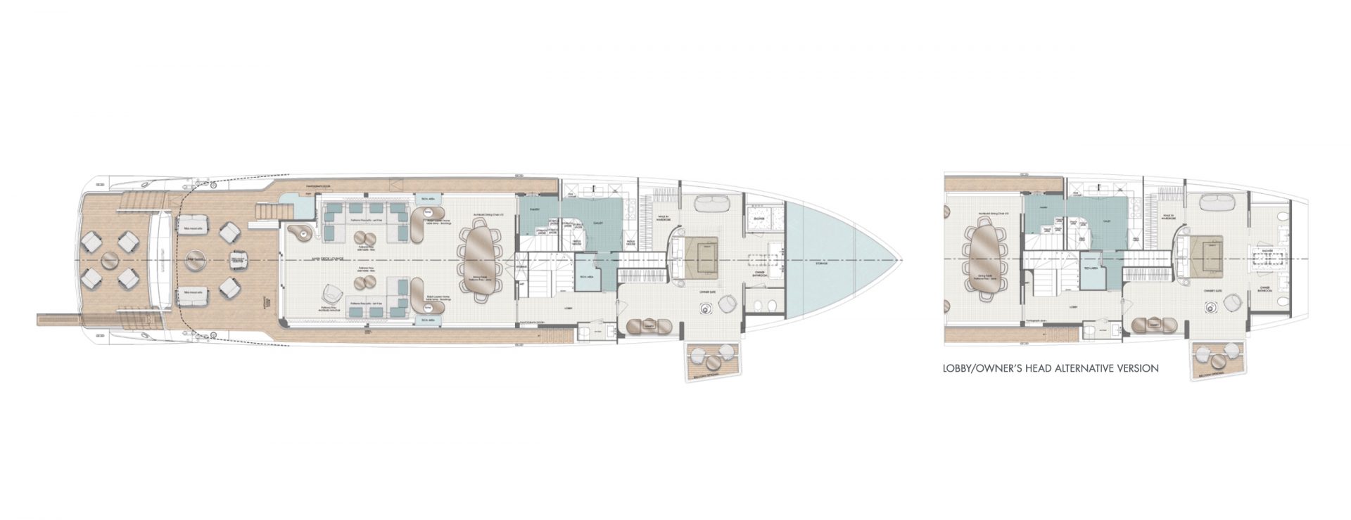 Mangusta Yachts deck layout with alternative options.