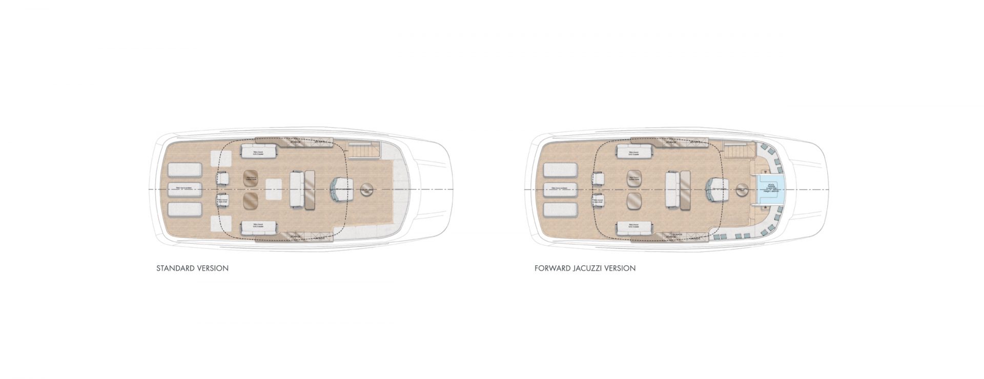 Mangusta Yachts deck plans: standard and jacuzzi versions.