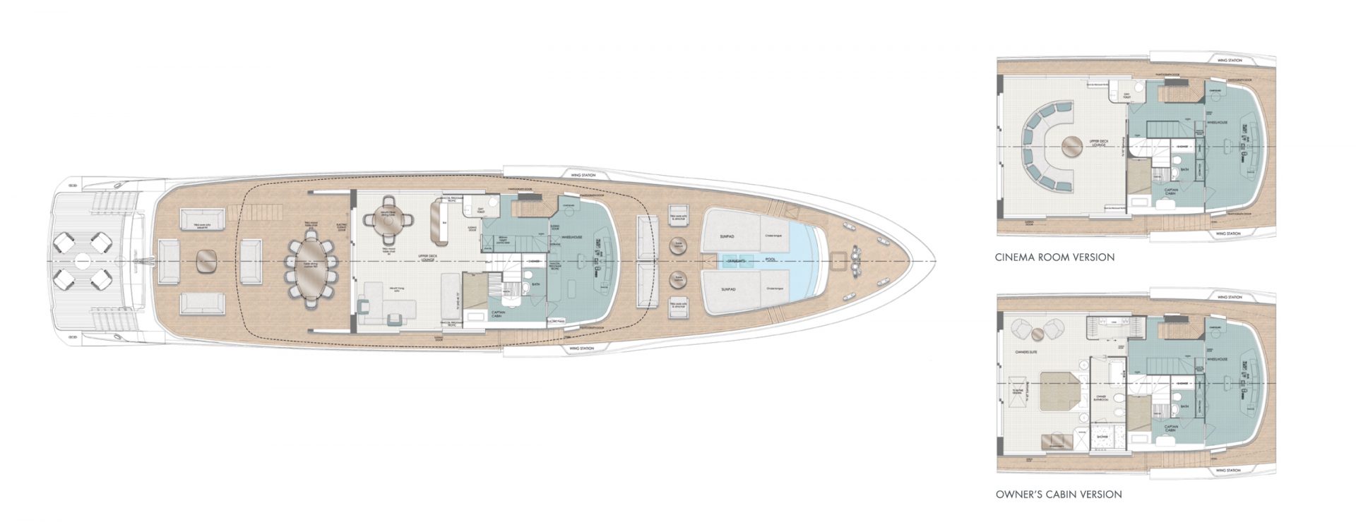 Mangusta Yachts deck layout and cabin versions plan