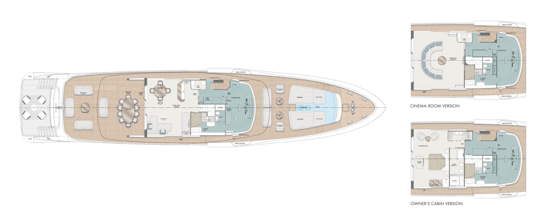 Planimetria Mangusta Yachts con varianti di layout.