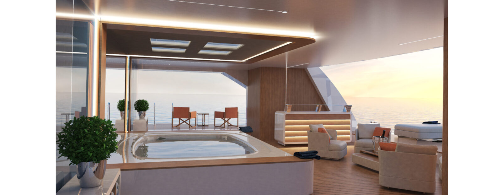Jacuzzi lussuosa su yacht Mangusta al tramonto.