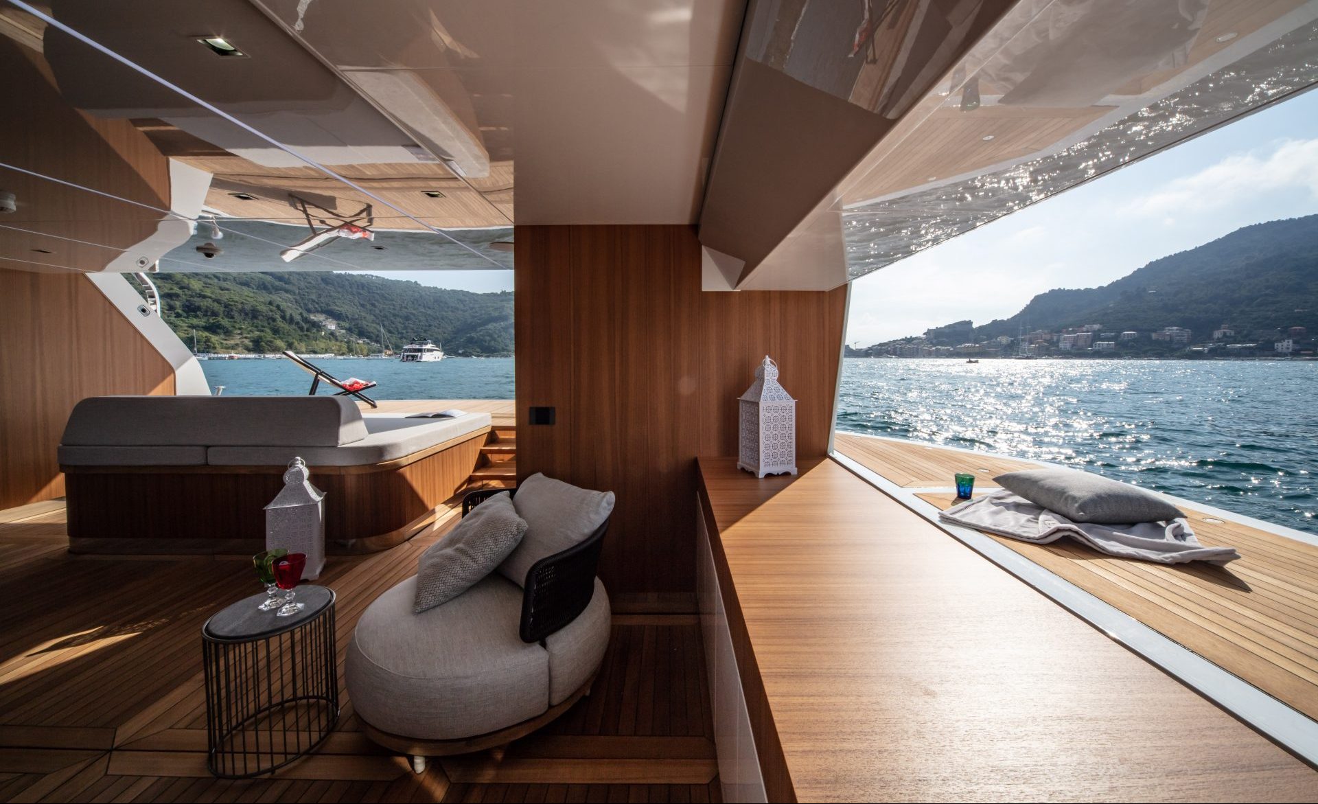 Luxury Mangusta yacht deck with ocean view