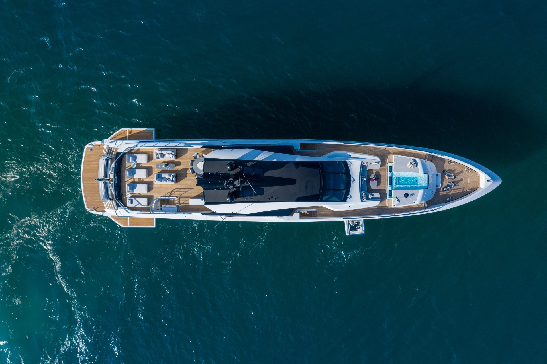 Mangusta yacht aerial view, luxury deck and pool