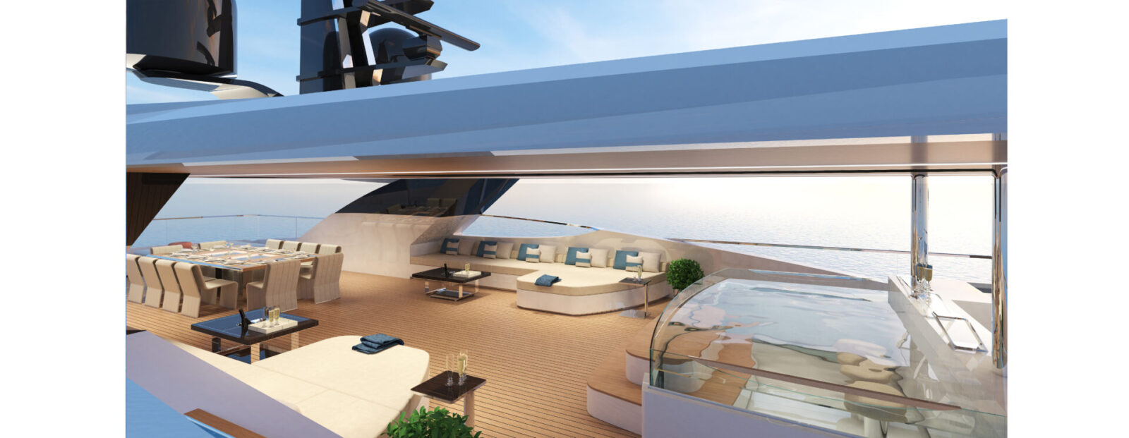 Salotto esterno di lusso su yacht Mangusta