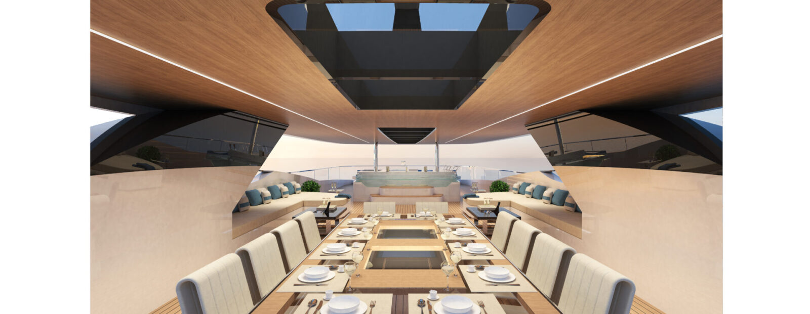 Salone elegante con tavolo da pranzo su yacht Mangusta.