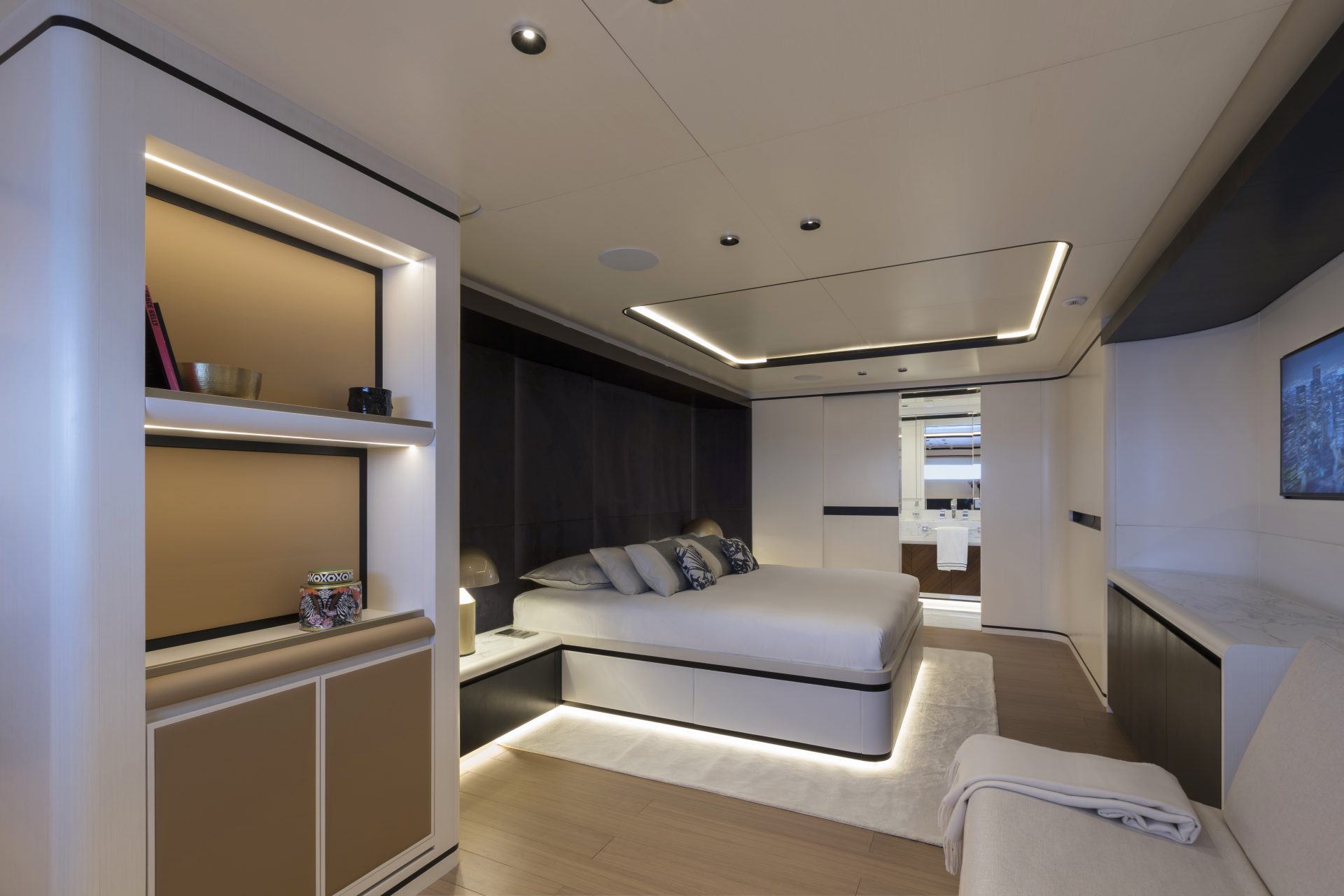 Luxurious yacht bedroom with modern design