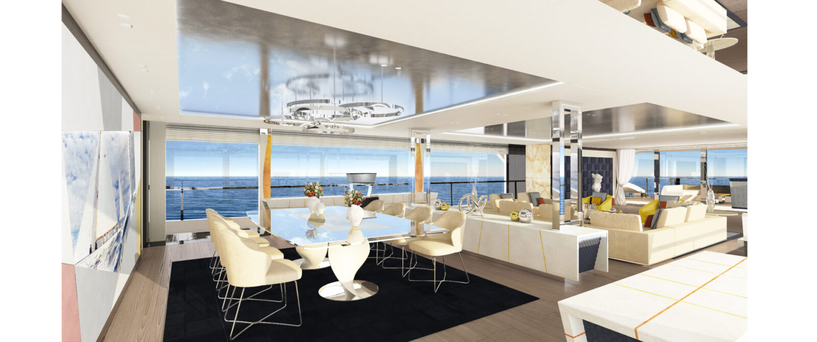 Salone di lusso su yacht Mangusta con vista mare.