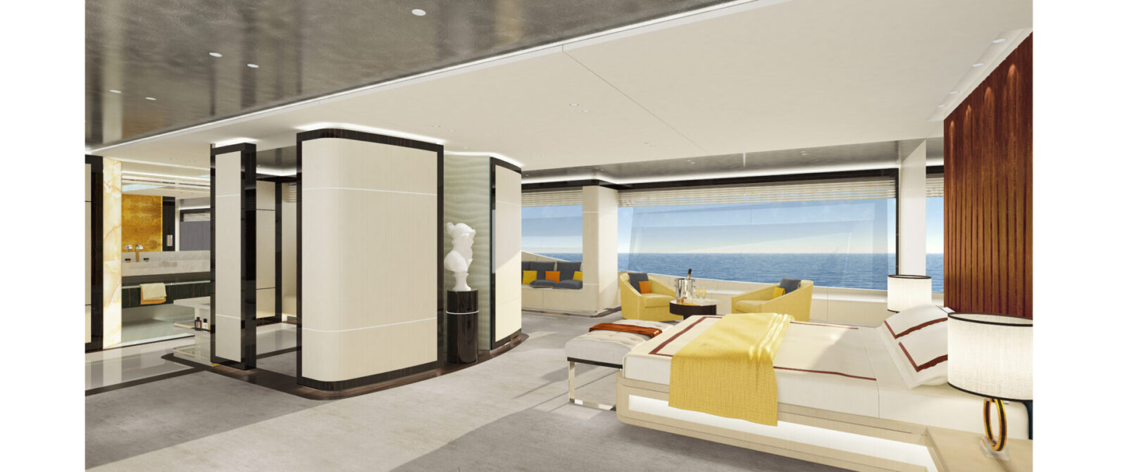 Interni eleganti di uno yacht Mangusta moderno.