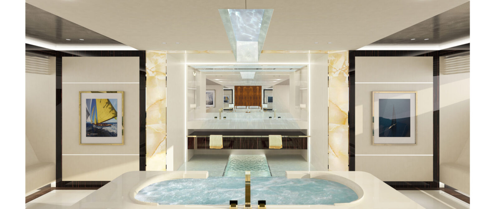 Interni di lusso del bagno di un Mangusta Yacht