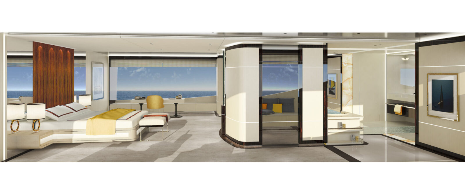Suite lussuosa su Mangusta Yachts con vista mare.