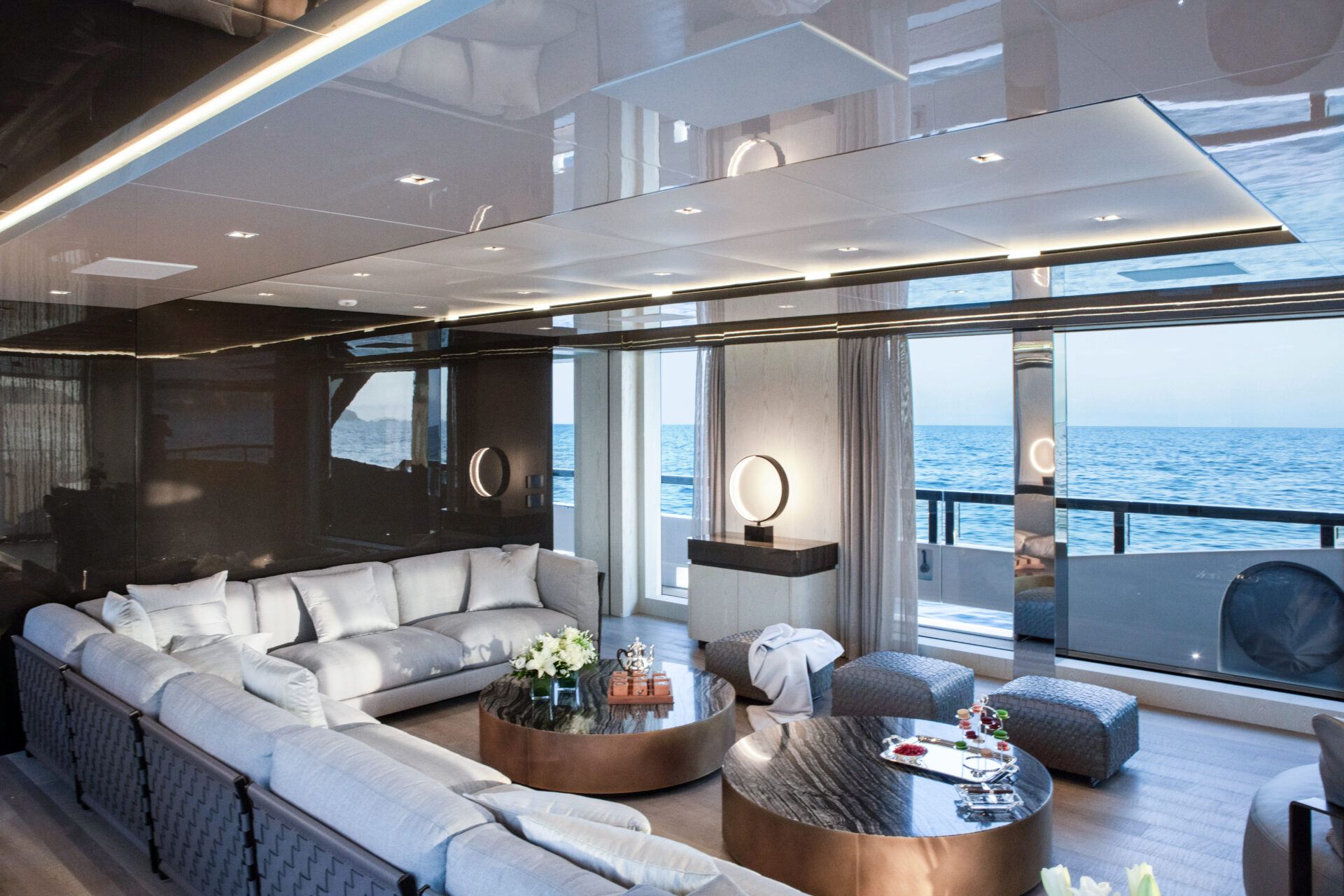 Luxurious Mangusta yacht interior with ocean view
