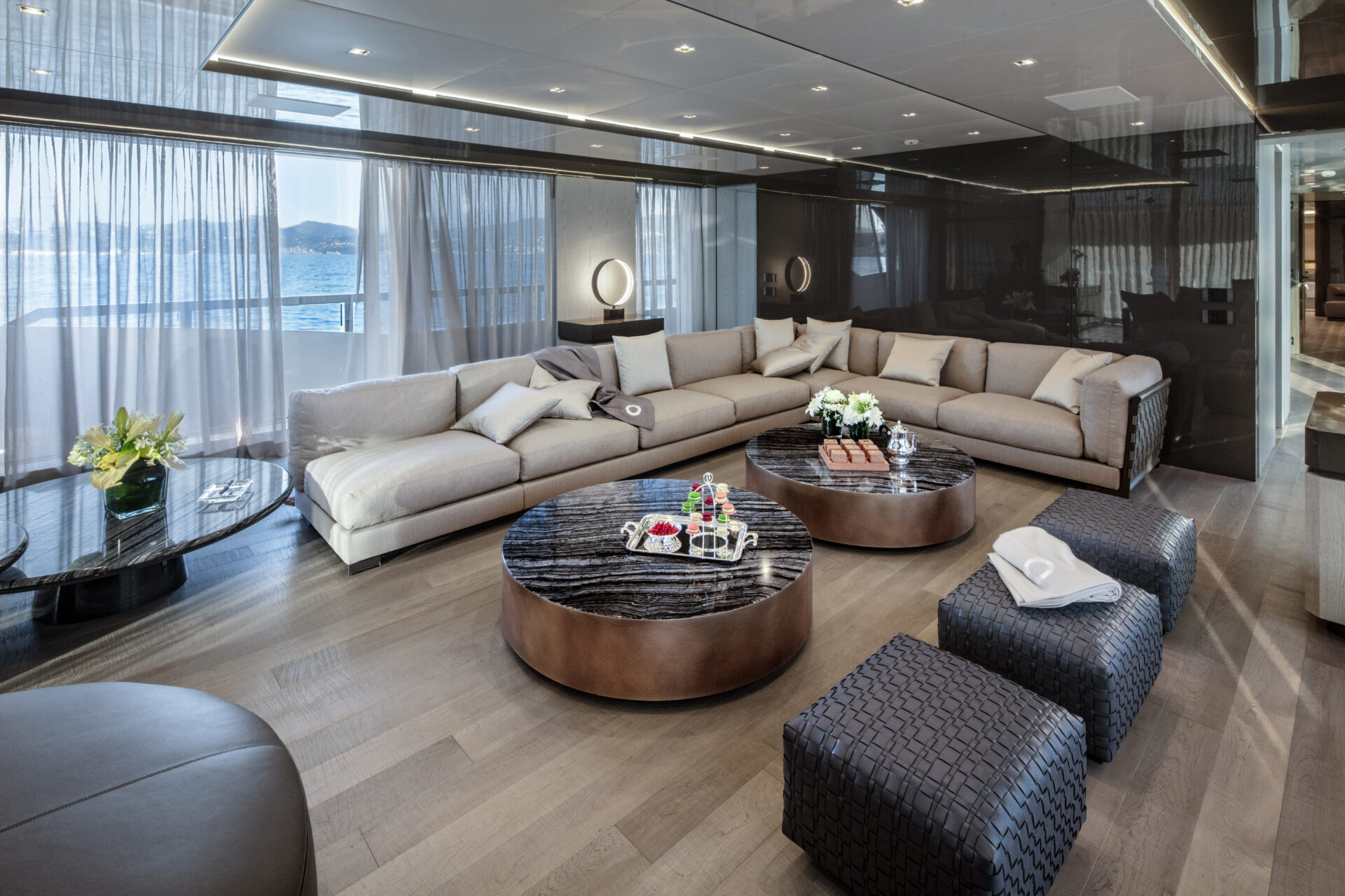 Luxury yacht interior with elegant lounge area.