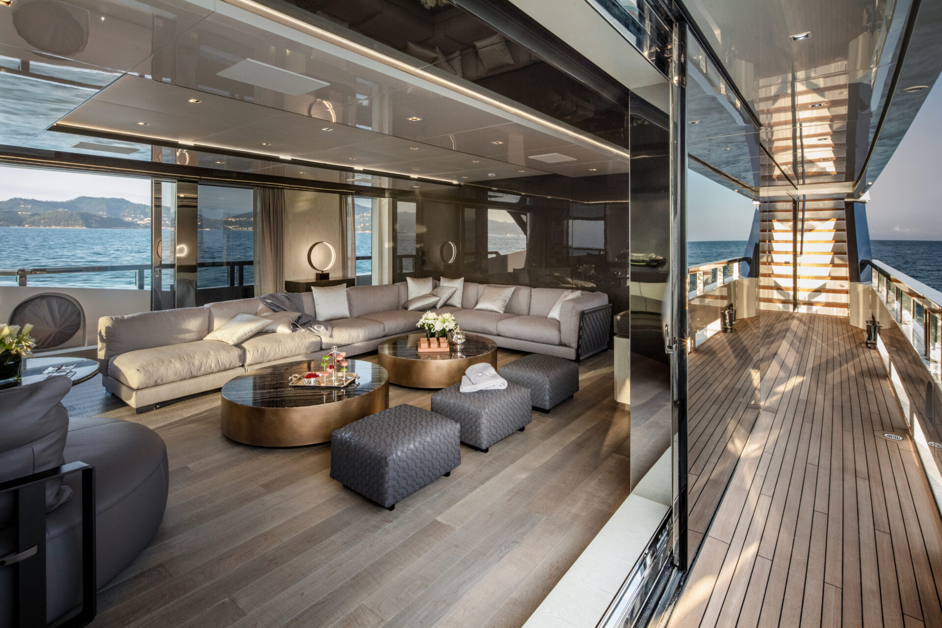 Luxurious Mangusta yacht interior lounge view