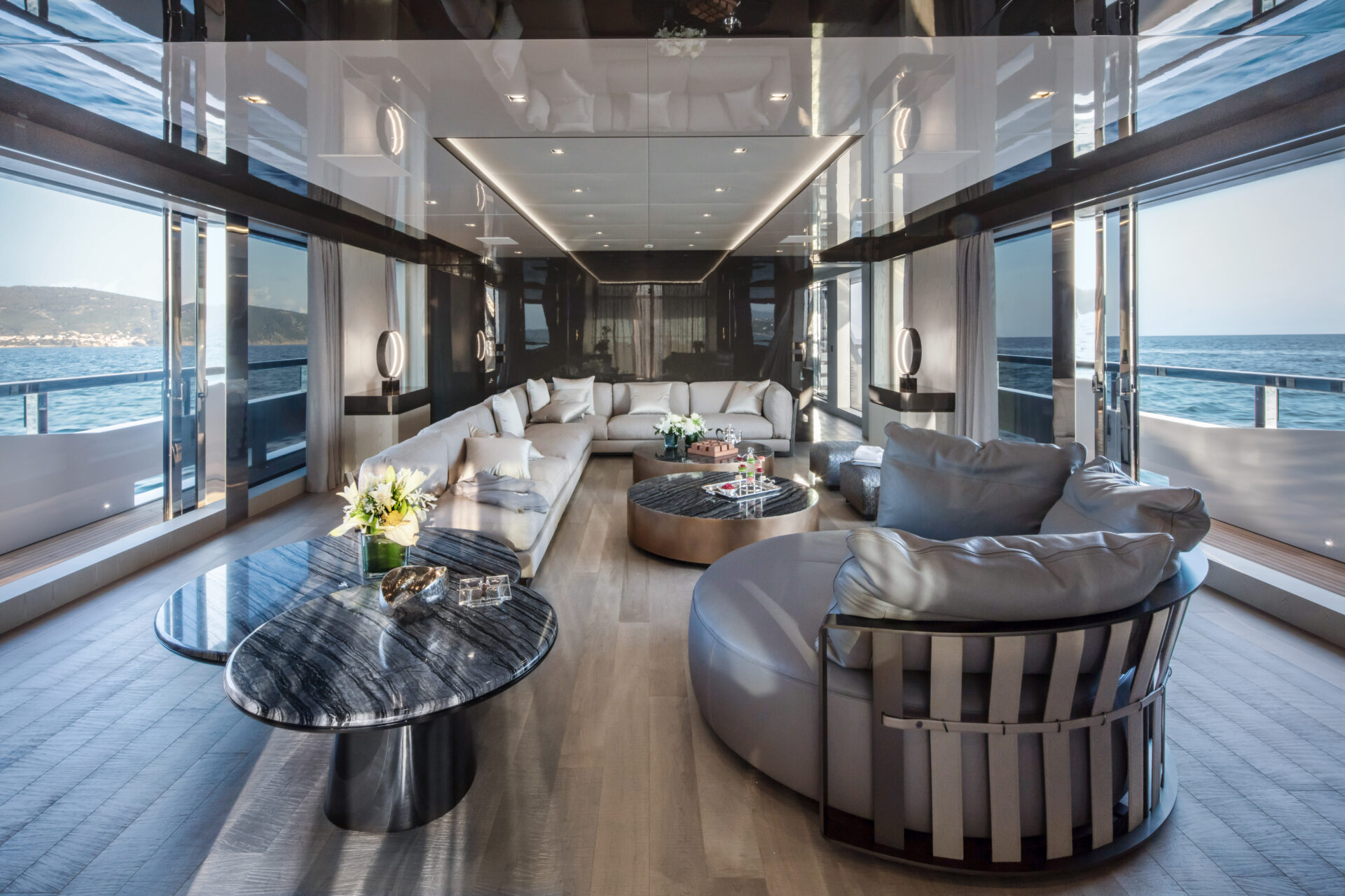 Luxurious living area on a Mangusta yacht