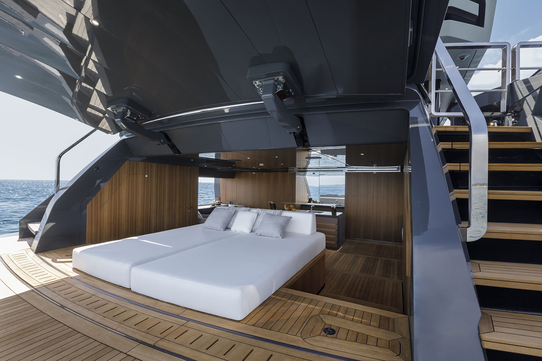 Luxurious sun deck lounge on Mangusta yacht
