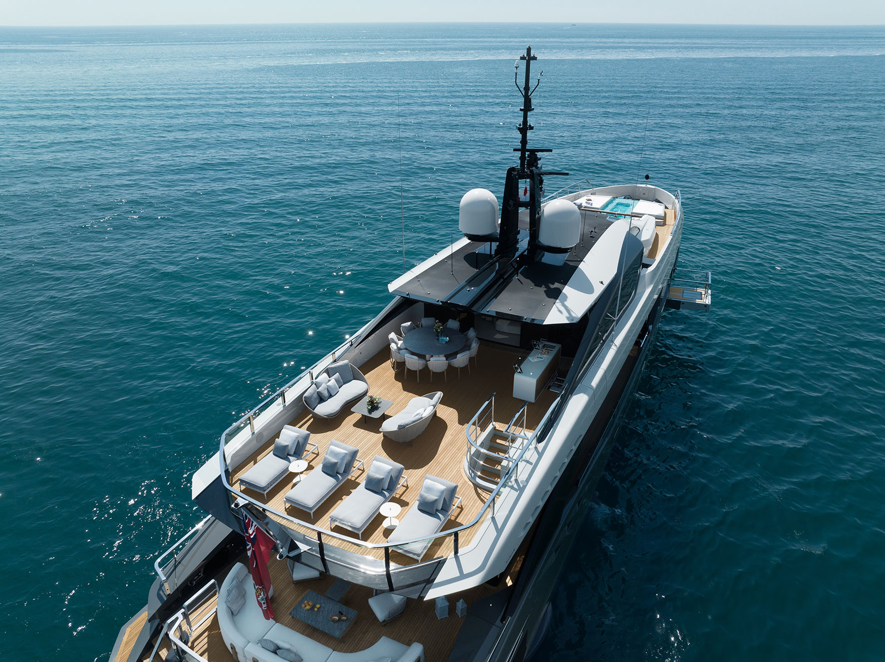 Luxurious deck view of Mangusta Yacht at sea