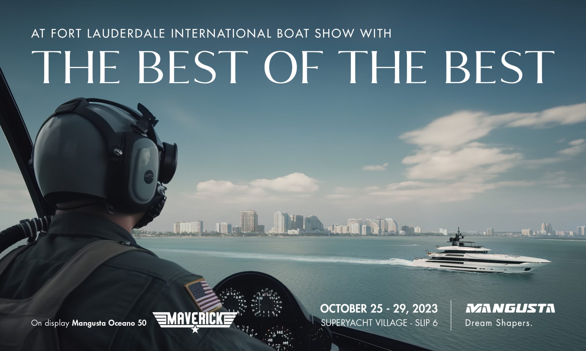 Mangusta Oceano 50 cruising at Fort Lauderdale skyline