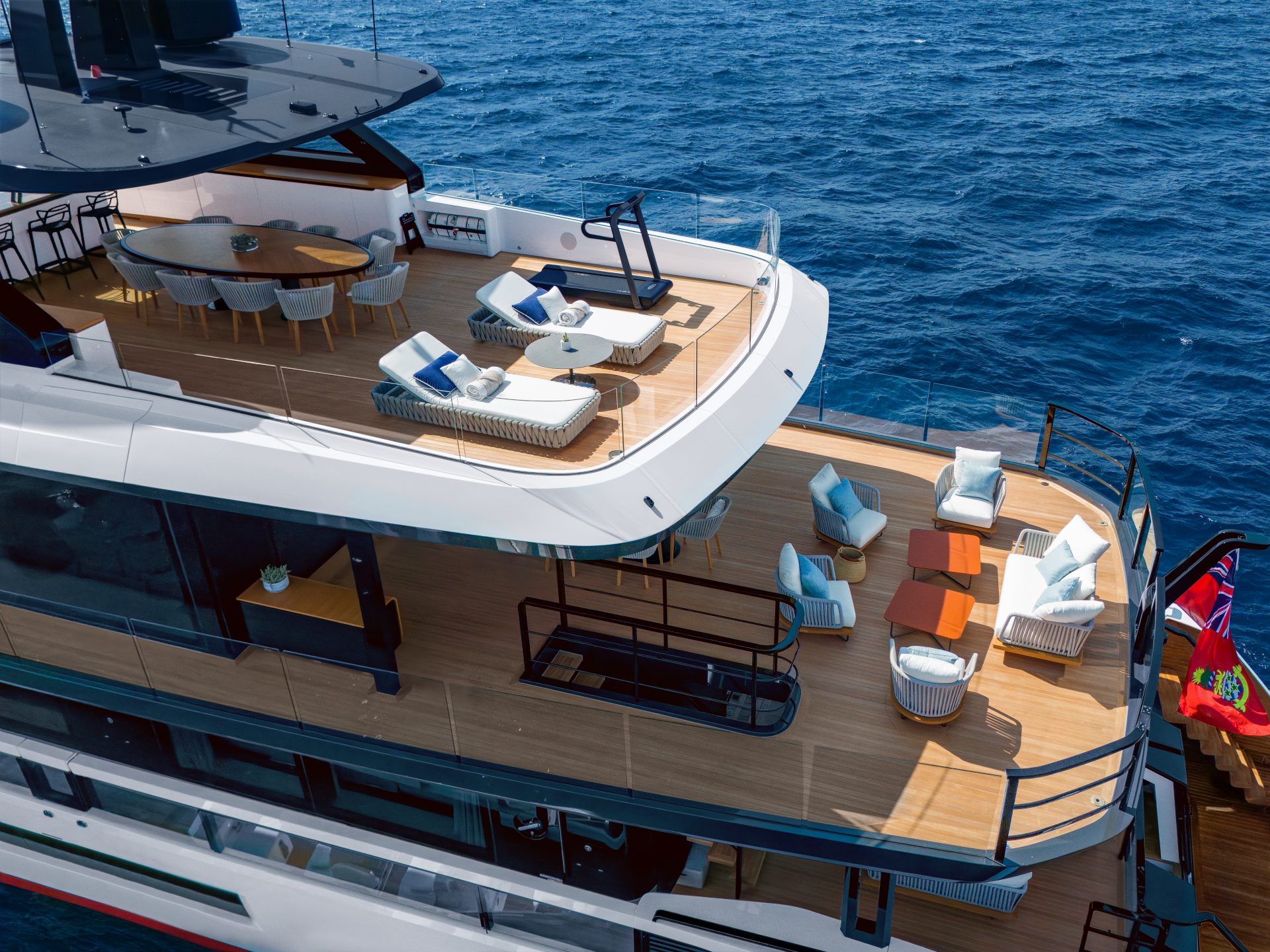 Luxurious deck layout on Mangusta yacht.