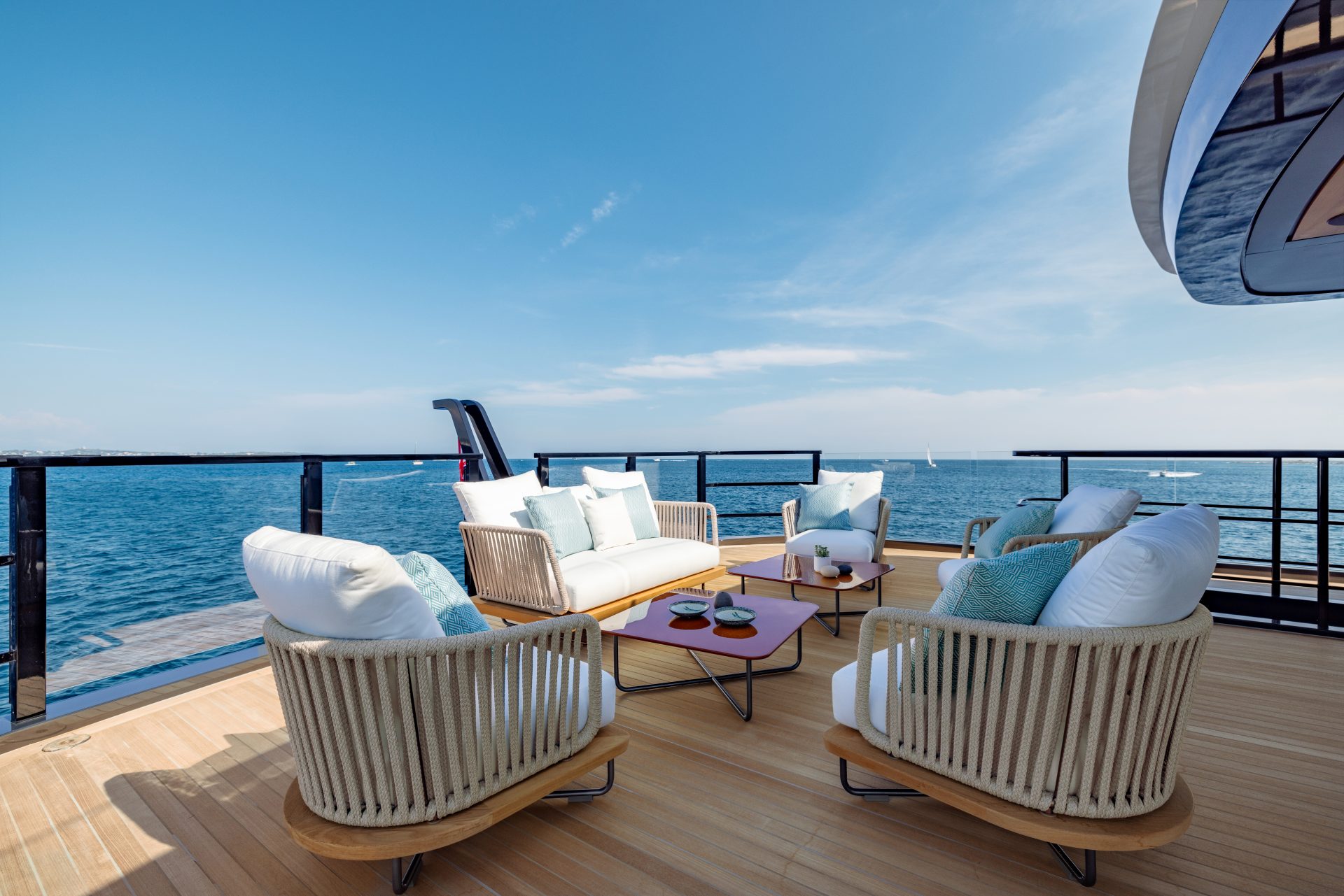 Luxurious yacht deck with ocean view seating