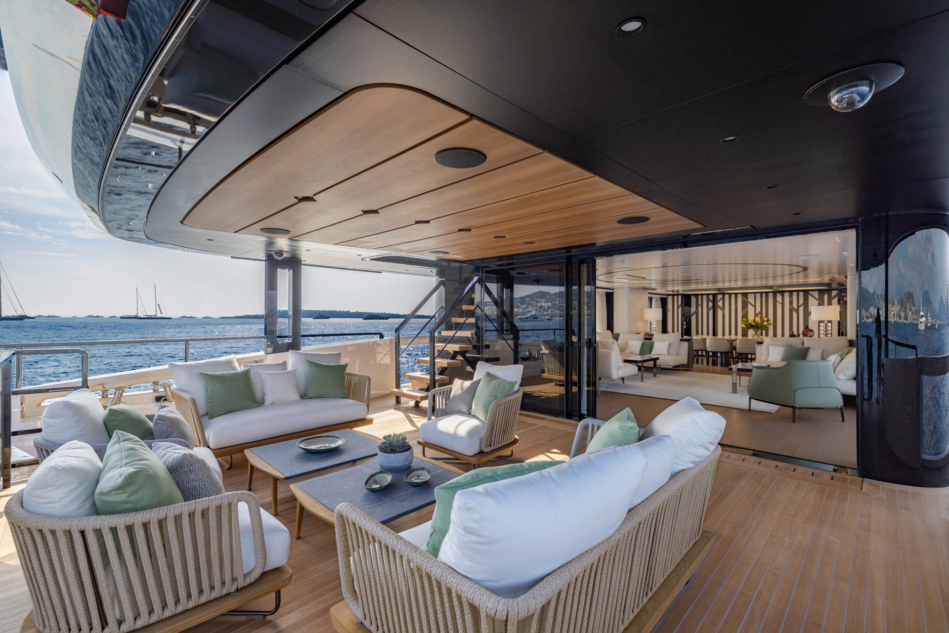 Luxurious Mangusta Yacht deck and lounge area.