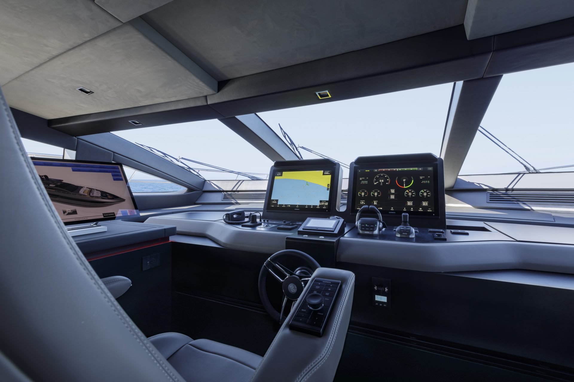 Mangusta yacht cockpit with navigation displays