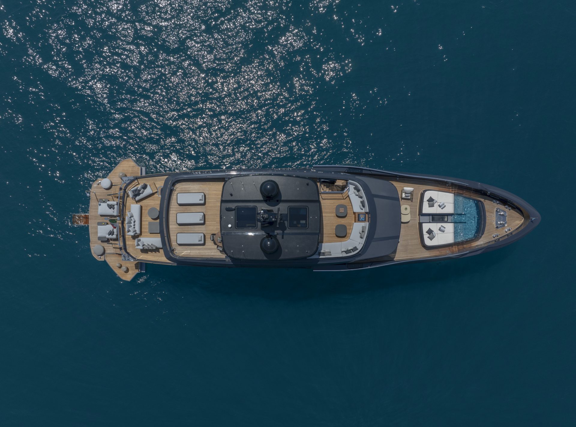 Mangusta yacht aerial view on open sea.