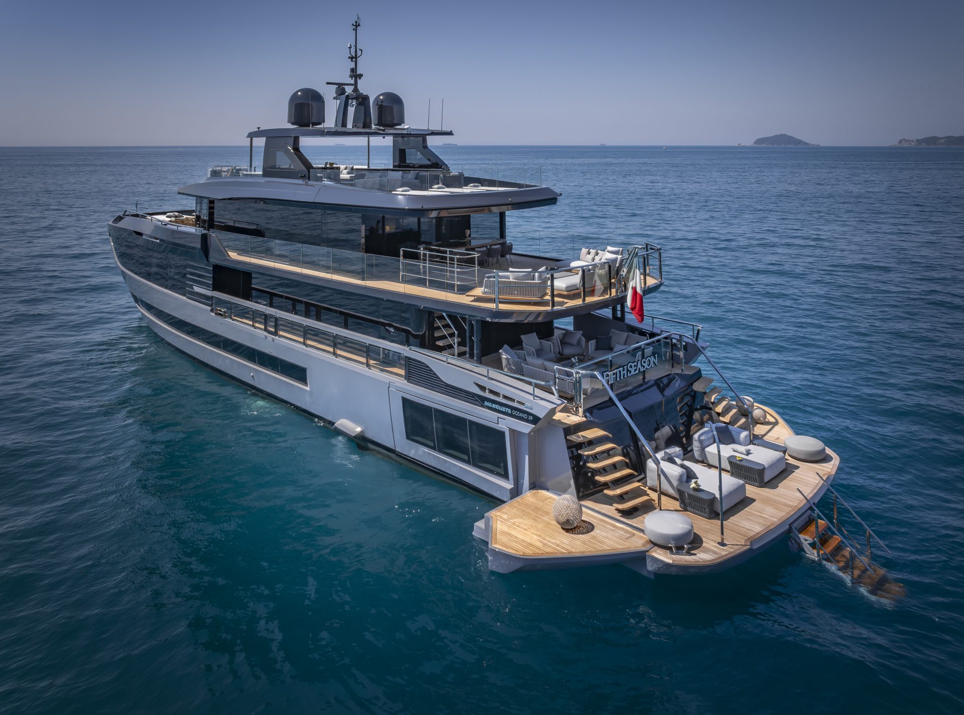 Luxurious Mangusta yacht in open sea