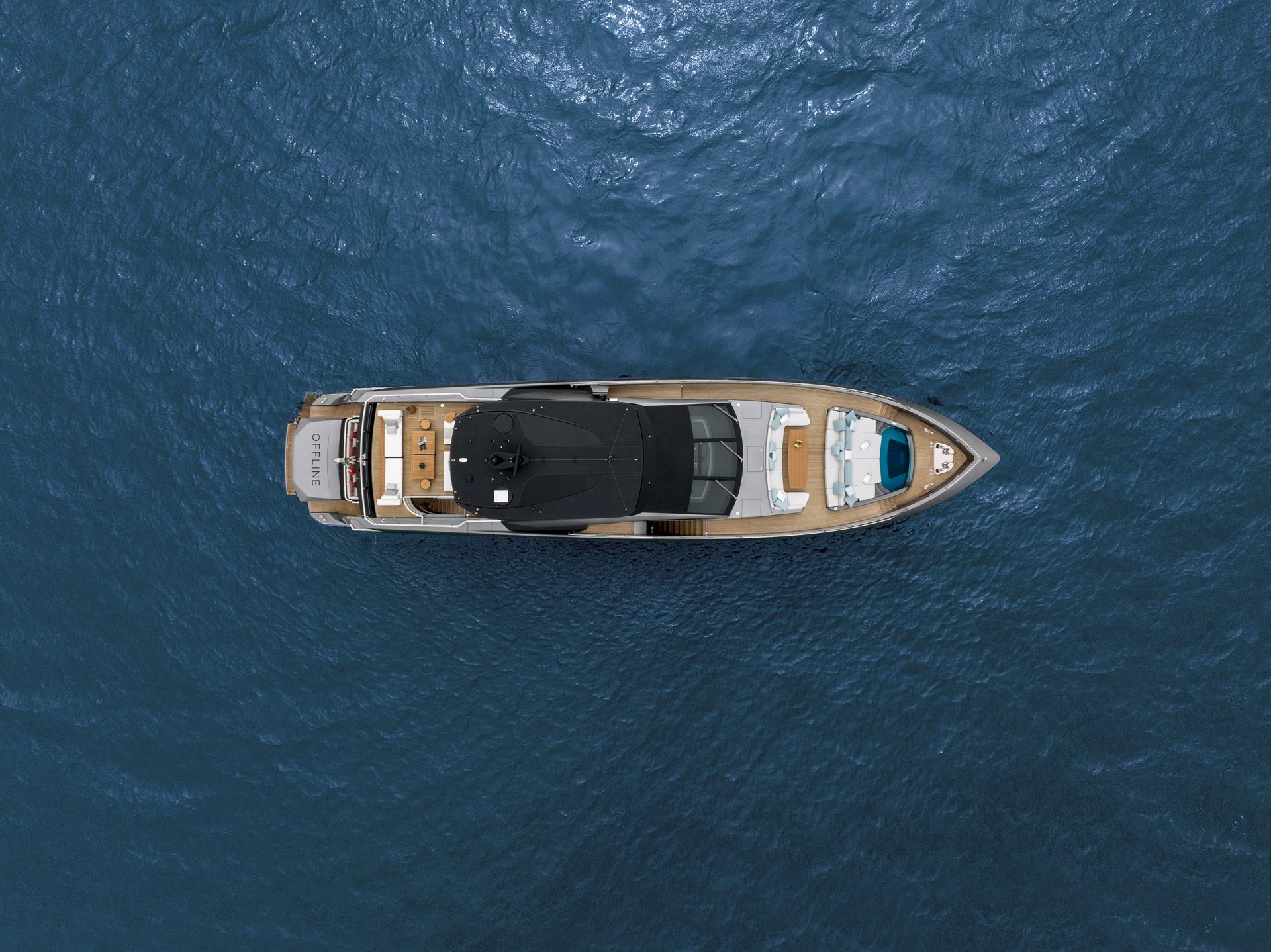 Mangusta yacht aerial view on open sea